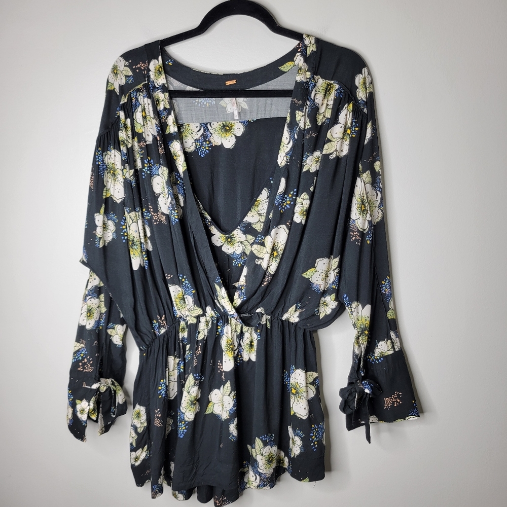 Free People Black and Cream Floral Wrap Blouse